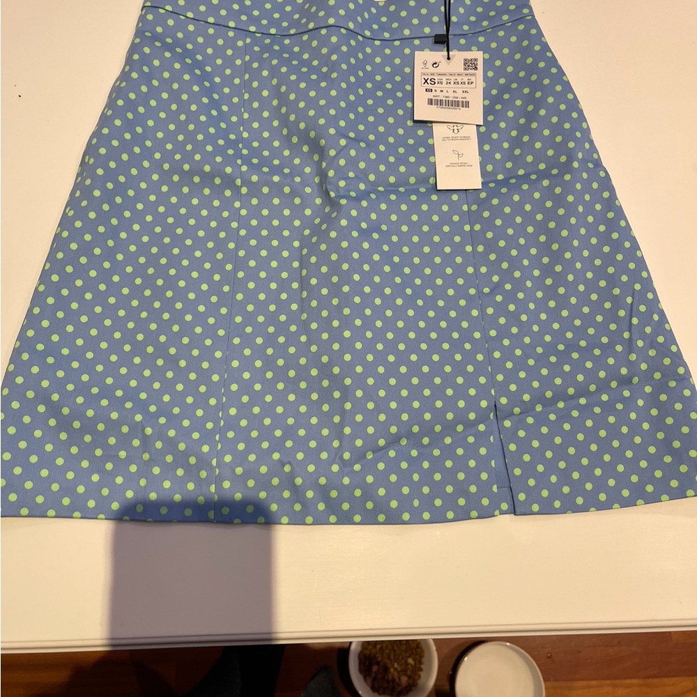 Zara Blue Mini Skirt with Lime Polka Dots